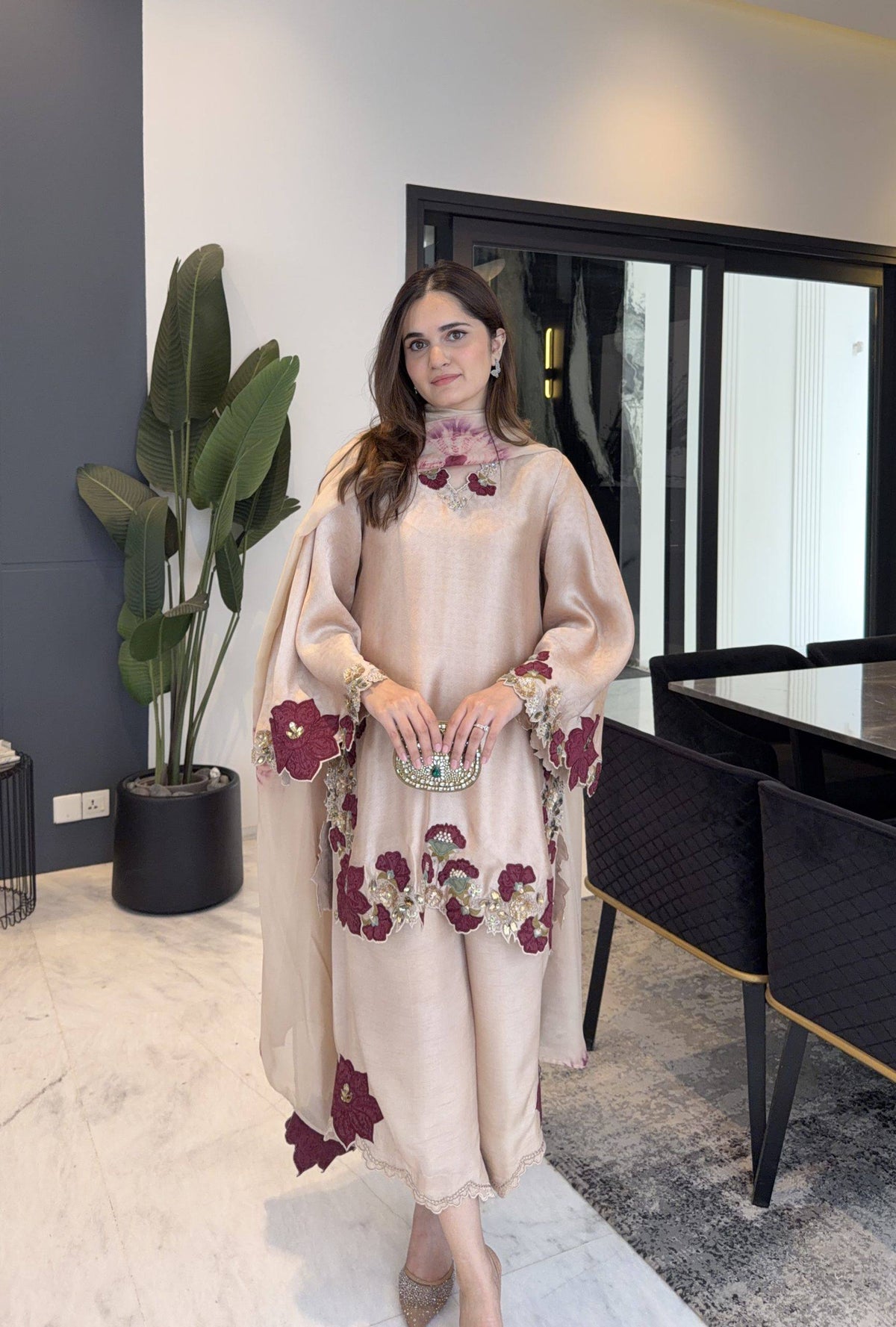 Beige Silk Floral Embroidered Kurti Palazzo Set with Dupatta