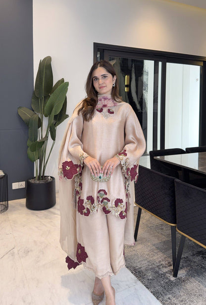 Beige Silk Floral Embroidered Kurti Palazzo Set with Dupatta