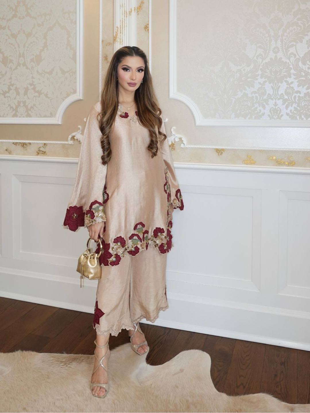 Beige Silk Floral Embroidered Kurti Palazzo Set with Dupatta