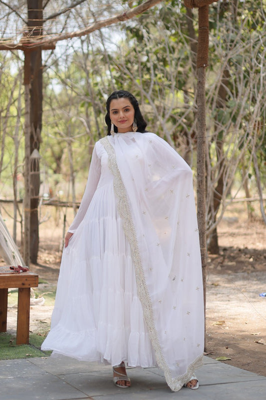 White Georgette Anarkali Gown with Heavy Frill Flair