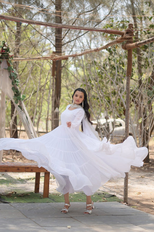 White Georgette Anarkali Gown with Heavy Frill Flair