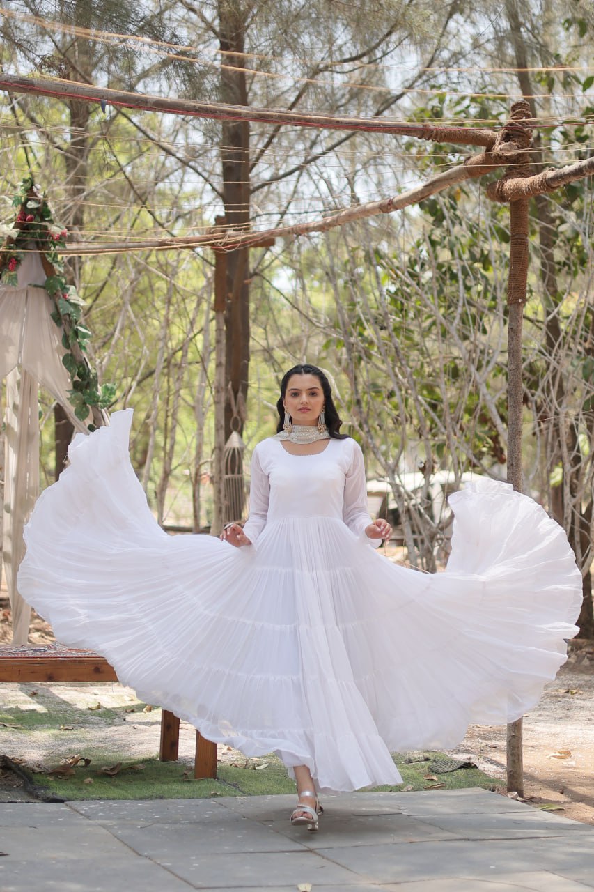 White Georgette Anarkali Gown with Heavy Frill Flair