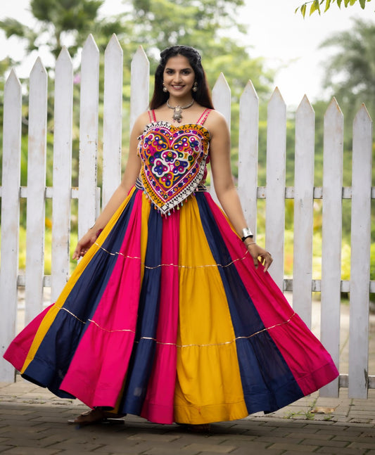Heavy Flair Multicolor Rayon Cotton Navratri Chaniya Choli with Gamthi Work