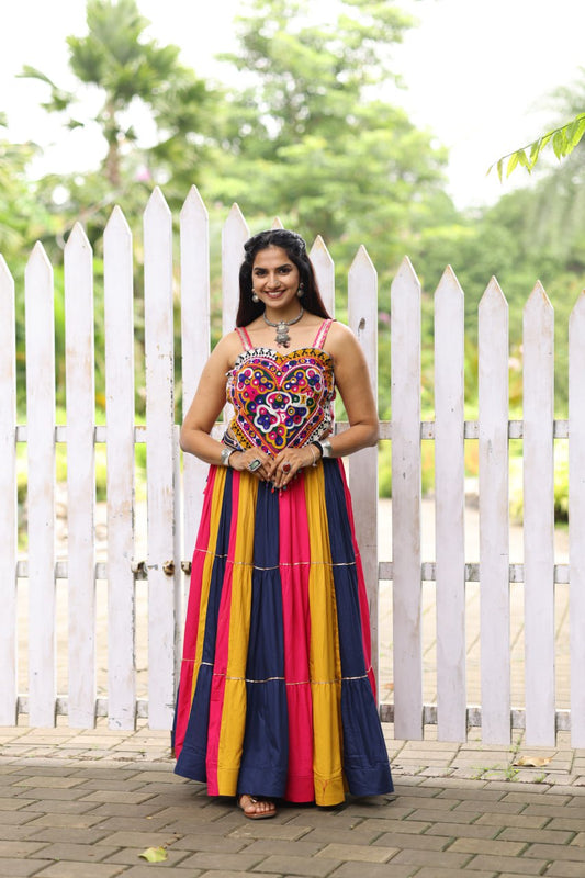 Heavy Flair Multicolor Rayon Cotton Navratri Chaniya Choli with Gamthi Work