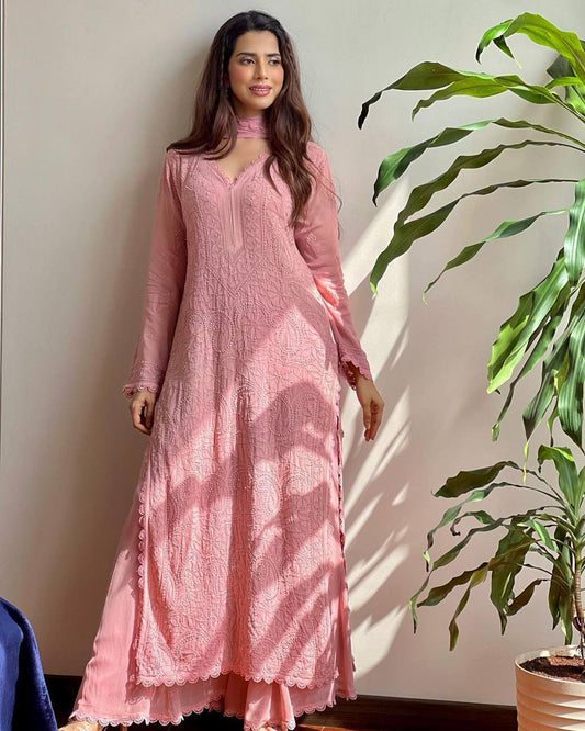 Designer Soft Pink Thread Work Kurta with Palazzo