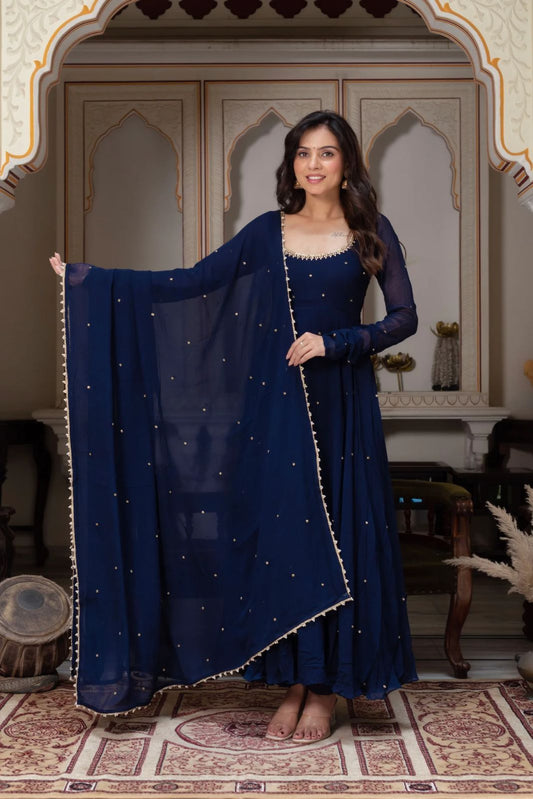 Navy Blue Faux Georgette Handwork Anarkali Suit Set with Dupatta