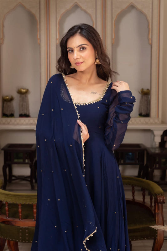 Navy Blue Faux Georgette Handwork Anarkali Suit Set with Dupatta