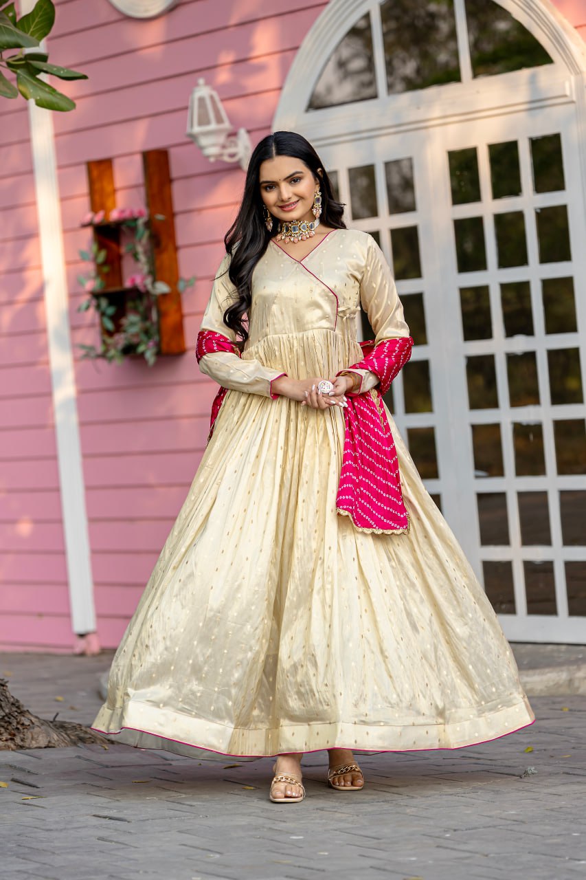 Cream Silk Anarkali Gown with Red Bandhani Dupatta – Manvansh Trends