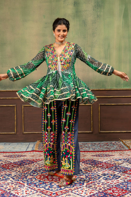 Green Bandhani Print Kutchi Gamthi Patchwork Top with Embroidered Denim Palazzo