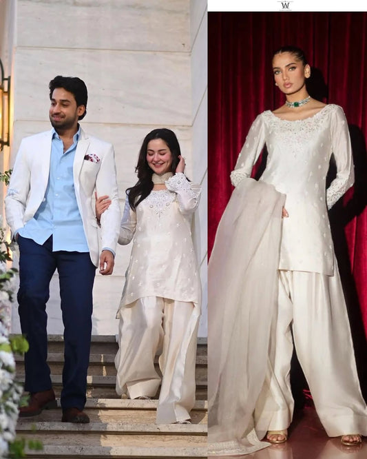 Hania Aamir Inspired Elegant White Crepe Farshi Salwar Suit with Organza Dupatta