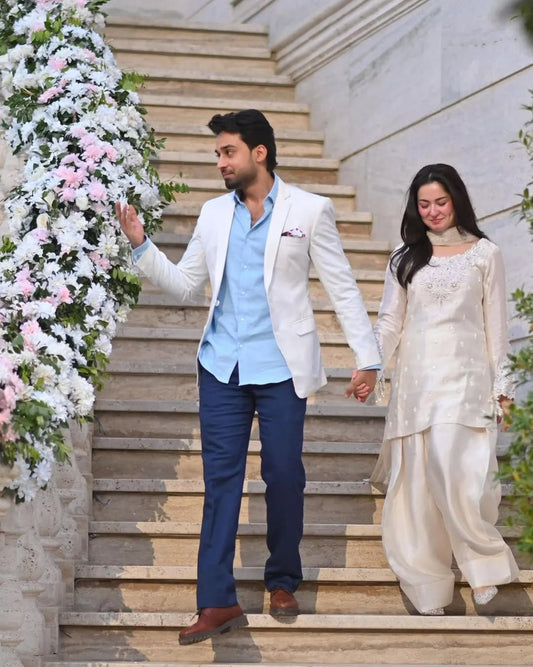 Hania Aamir Inspired Elegant White Crepe Farshi Salwar Suit with Organza Dupatta