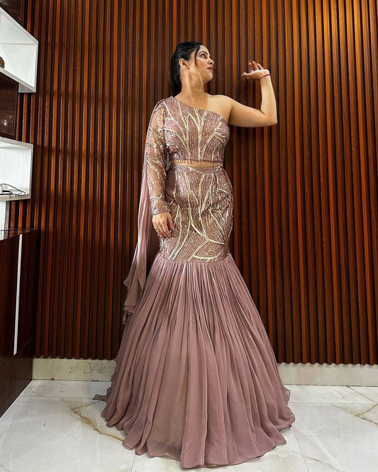 Rose Gold One Shoulder Indo Western with Sequins Embroidery