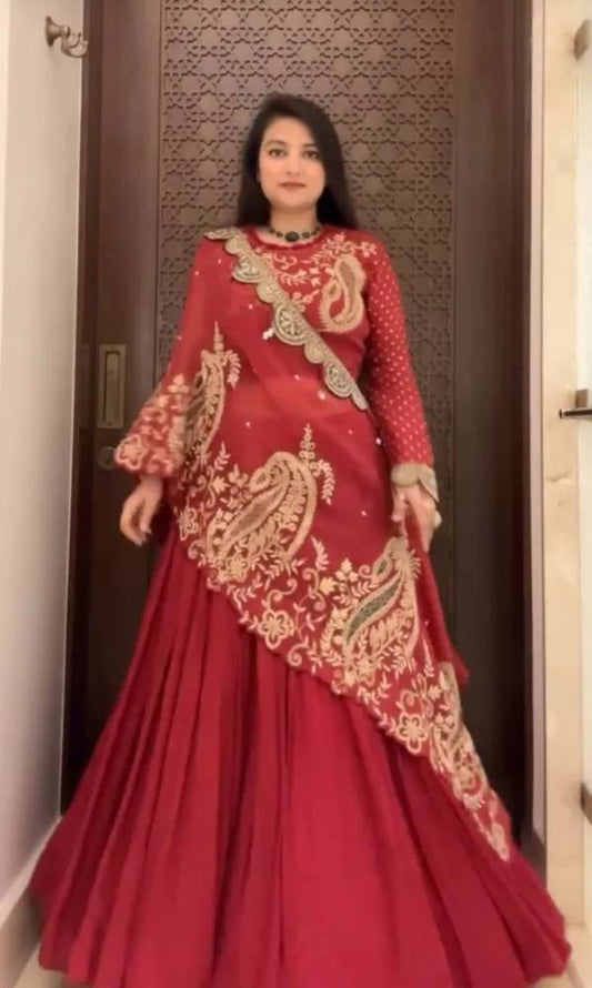 Designer Maroon Georgette Indo-Western Embroidered Lehenga set with Dupatta