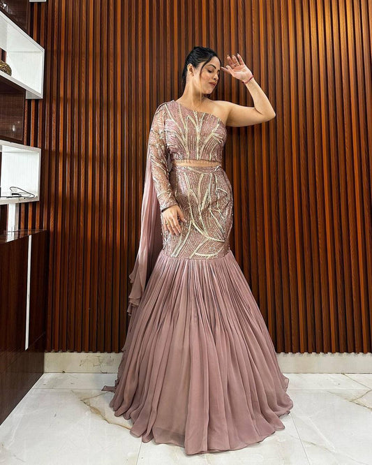 Rose Gold One Shoulder Indo Western with Sequins Embroidery