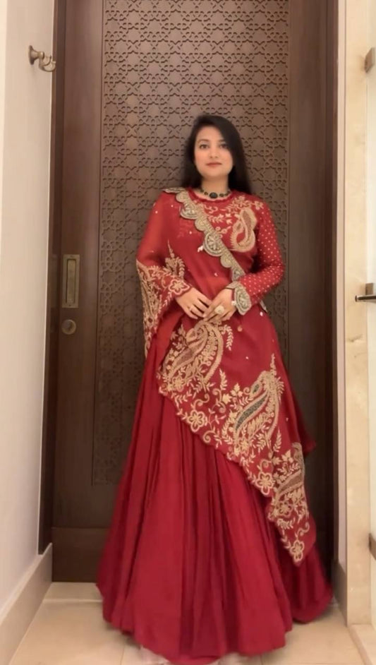 Designer Maroon Georgette Indo-Western Embroidered Lehenga set with Dupatta