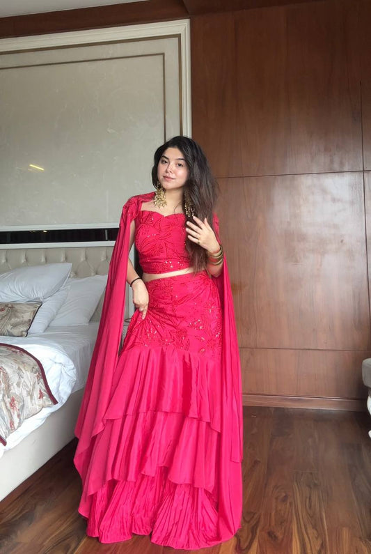 Designer Ruffle Layered Pink Indo Western Lehenga with Cape Dupatta & Embroidered Blouse