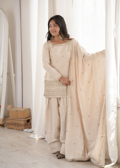 Elegant Ivory Silk Farshi Salwar Suit with Embroidered Dori & Jari Work Dupatta