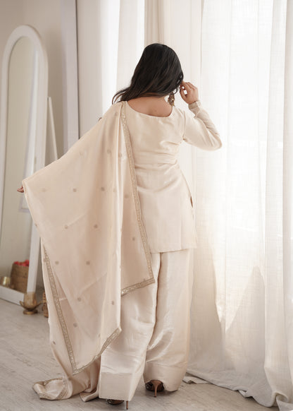 Elegant Ivory Silk Farshi Salwar Suit with Embroidered Dori & Jari Work Dupatta