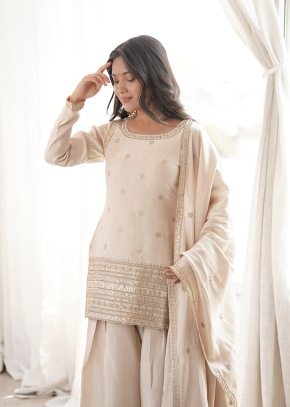 Elegant Ivory Silk Farshi Salwar Suit with Embroidered Dori & Jari Work Dupatta