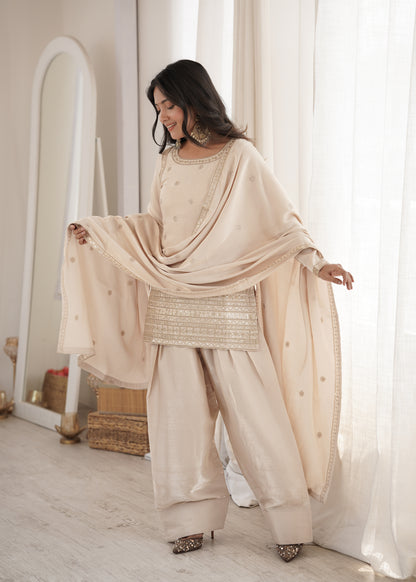 Elegant Ivory Silk Farshi Salwar Suit with Embroidered Dori & Jari Work Dupatta