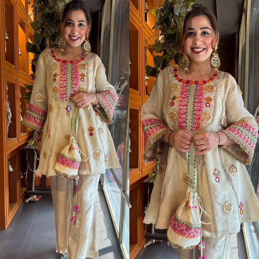 Ivory Embroidered Kurti Palazzo Set with Real Mirror Work