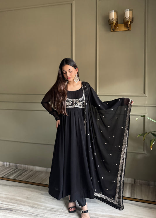 Black Georgette Jacket Anarkali Gown with Embroidered Yoke and Dupatta