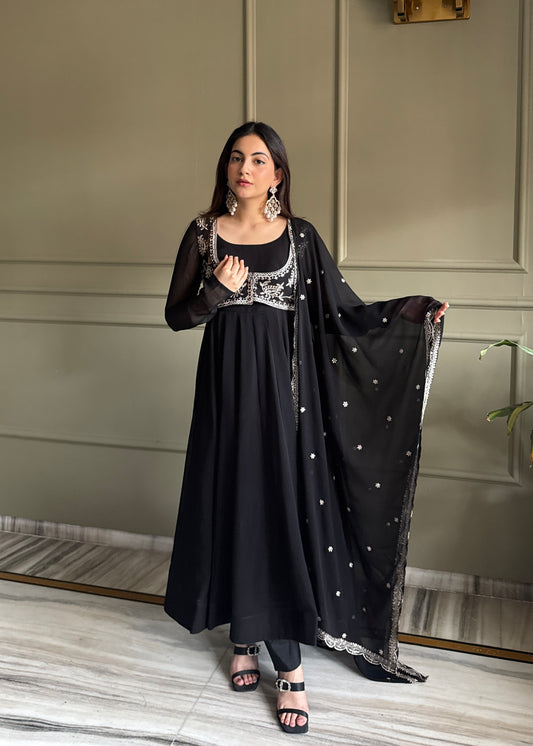 Black Georgette Jacket Anarkali Gown with Embroidered Yoke and Dupatta