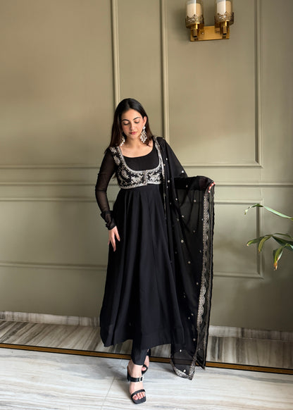 Black Georgette Jacket Anarkali Gown with Embroidered Yoke and Dupatta