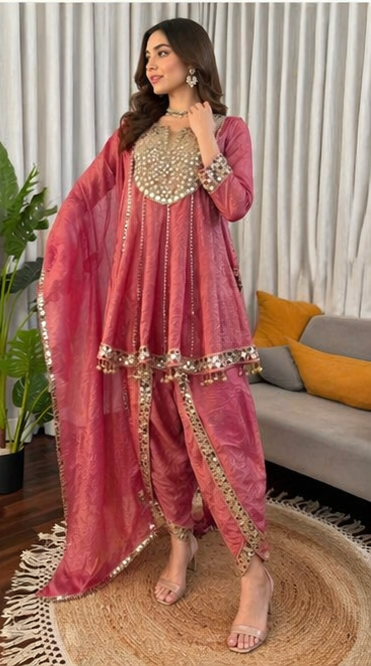Dusty Rose Gold Crush Dhoti Suit Set with Mirror Work Dupatta