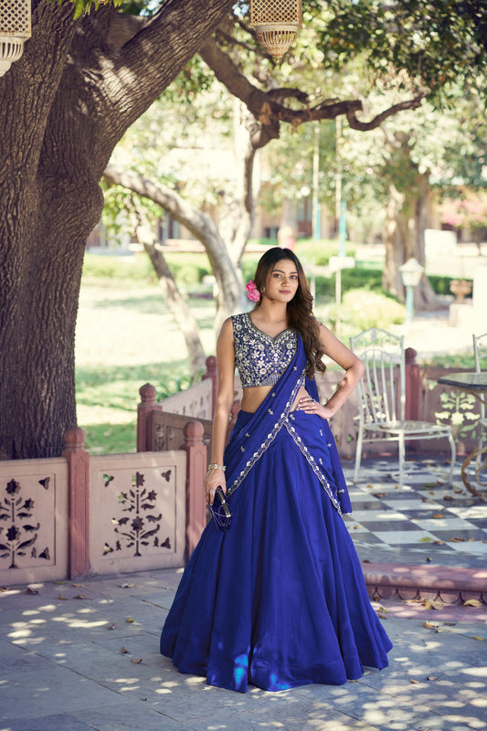 Royal Blue Lehenga Choli with Embroidered Blouse & Dupatta for Wedding