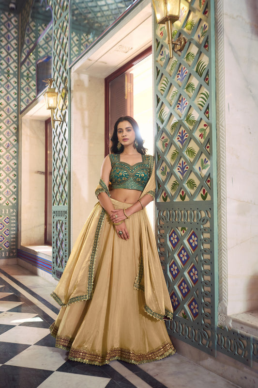 Golden Beige Lehenga Choli with Teal Green Embroidered Blouse & Dupatta