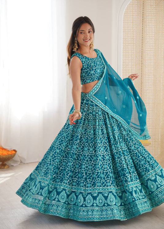 Teal Blue Embroidered Georgette Lehenga Choli with Dupatta