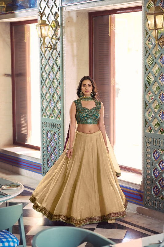 Golden Beige Lehenga Choli with Teal Green Embroidered Blouse & Dupatta