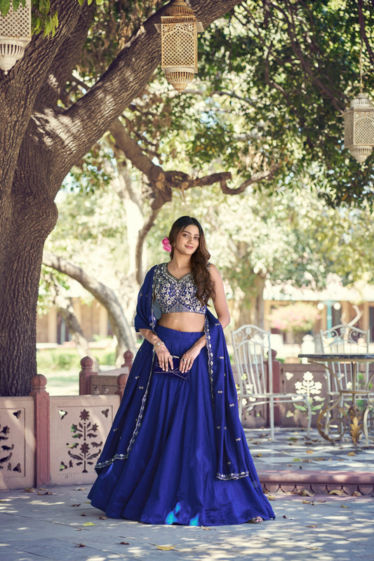Royal Blue Lehenga Choli with Embroidered Blouse & Dupatta for Wedding
