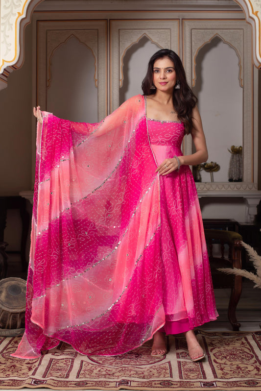 Pink Printed Chiffon georgette Ethnic Anarkali Suit with Dupatta