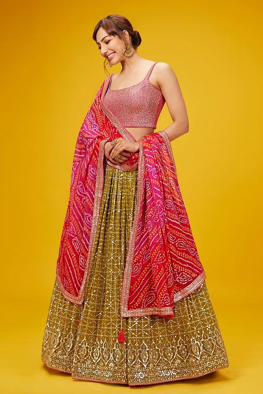 Olive Sequins Georgette Haldi Wear Lehenga Choli