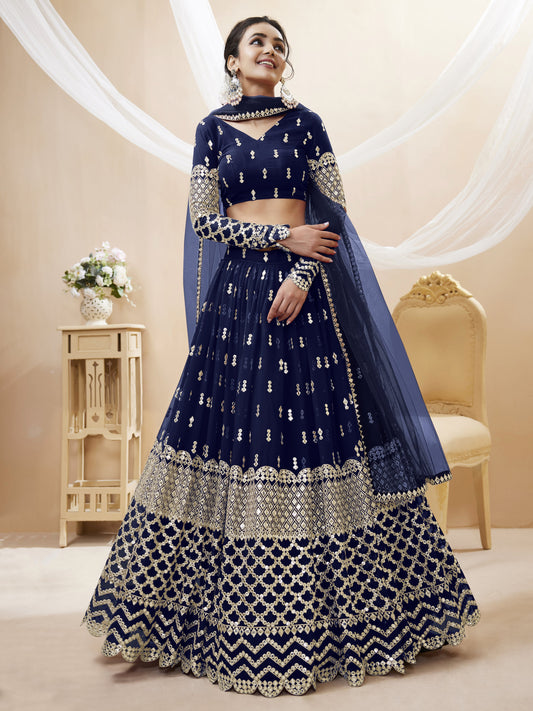 Navy Blue Sequins Zari Embroidered Work Lehenga Choli Set for wedding and reception