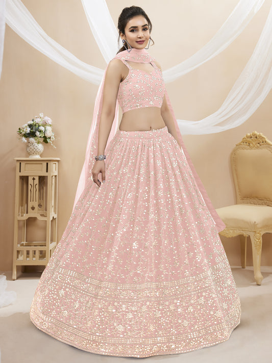 Blush Pink Embroidered Georgette Lehenga Choli for Bridesmaids