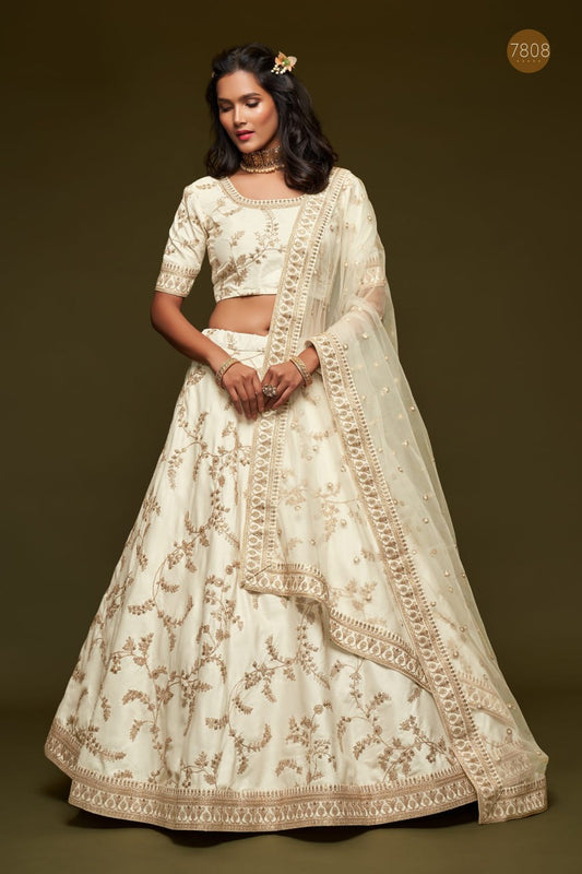 Ivory White Embroidered Bridal Lehenga with Net Dupatta