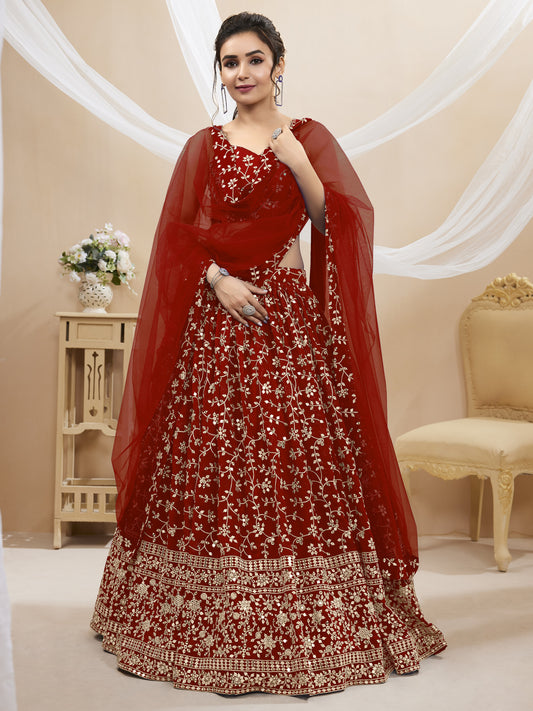Red Embroidered Georgette Lehenga Choli Set for Weddings