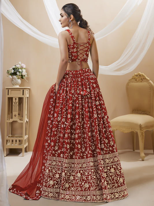 Red Embroidered Georgette Lehenga Choli Set for Weddings