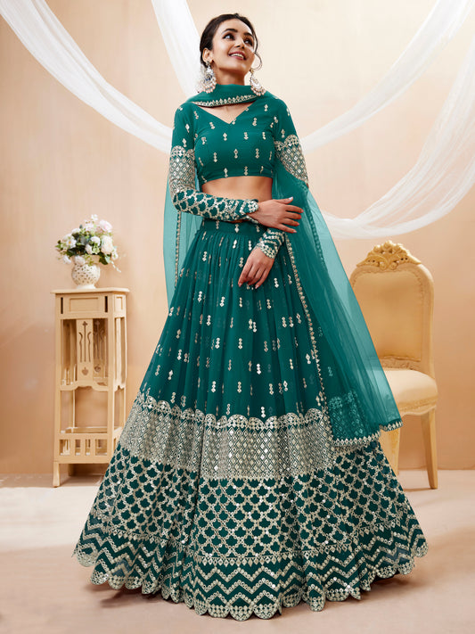 Teal Green Sequins Zari Embroidered Work Lehenga Choli Set for wedding and reception