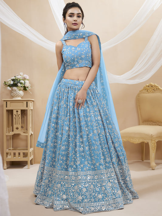 Sky Blue Zari Embroidered Georgette Lehenga Choli Set for Weddings