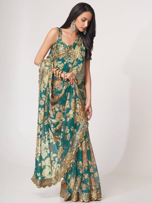 Bottle Green Floral Designer Saree with Golden Embroidery
