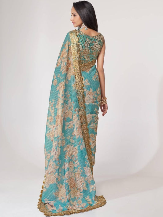 Turquoise Blue Floral Designer Saree with Golden Embroidery