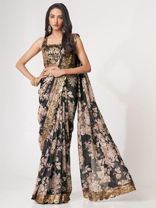 Elegant Black Floral Designer Saree with Golden Embroidery