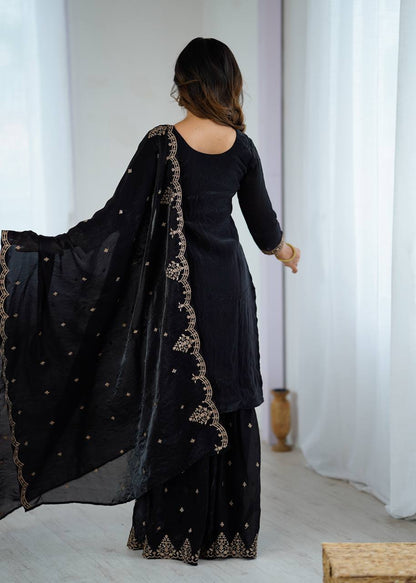 Party Wear Indian Black Embroidered Sharara Suit with Dupatta
