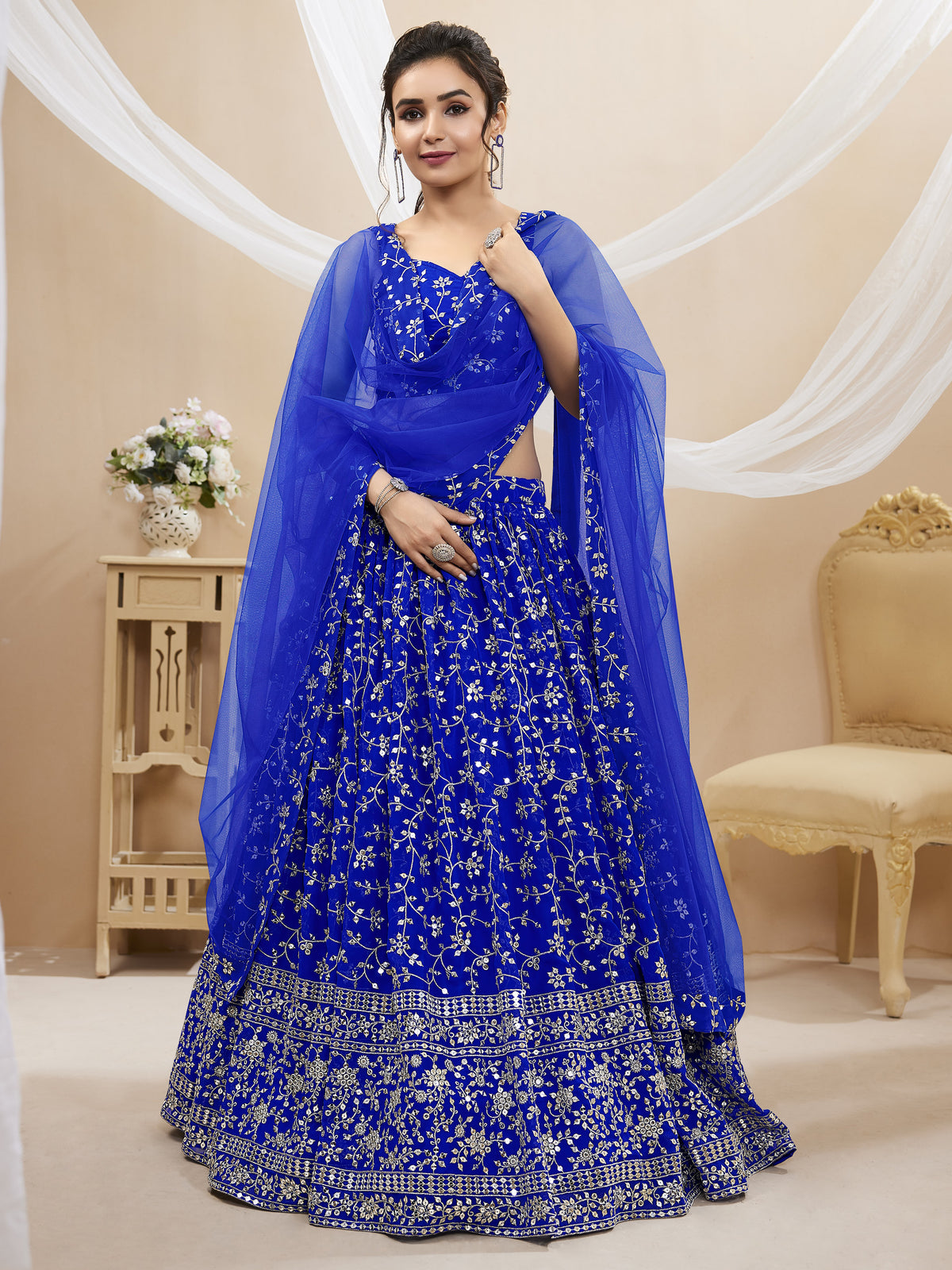 Royal Blue Embroidered Georgette Lehenga Choli with Dupatta for party