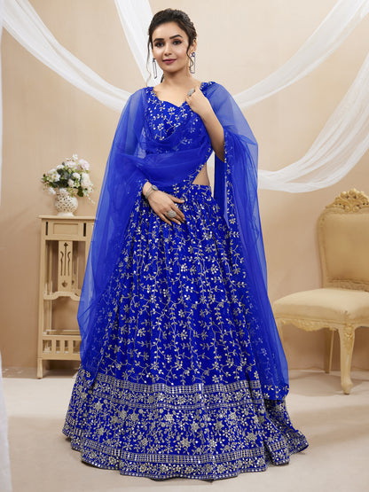Royal Blue Embroidered Georgette Lehenga Choli with Dupatta for party