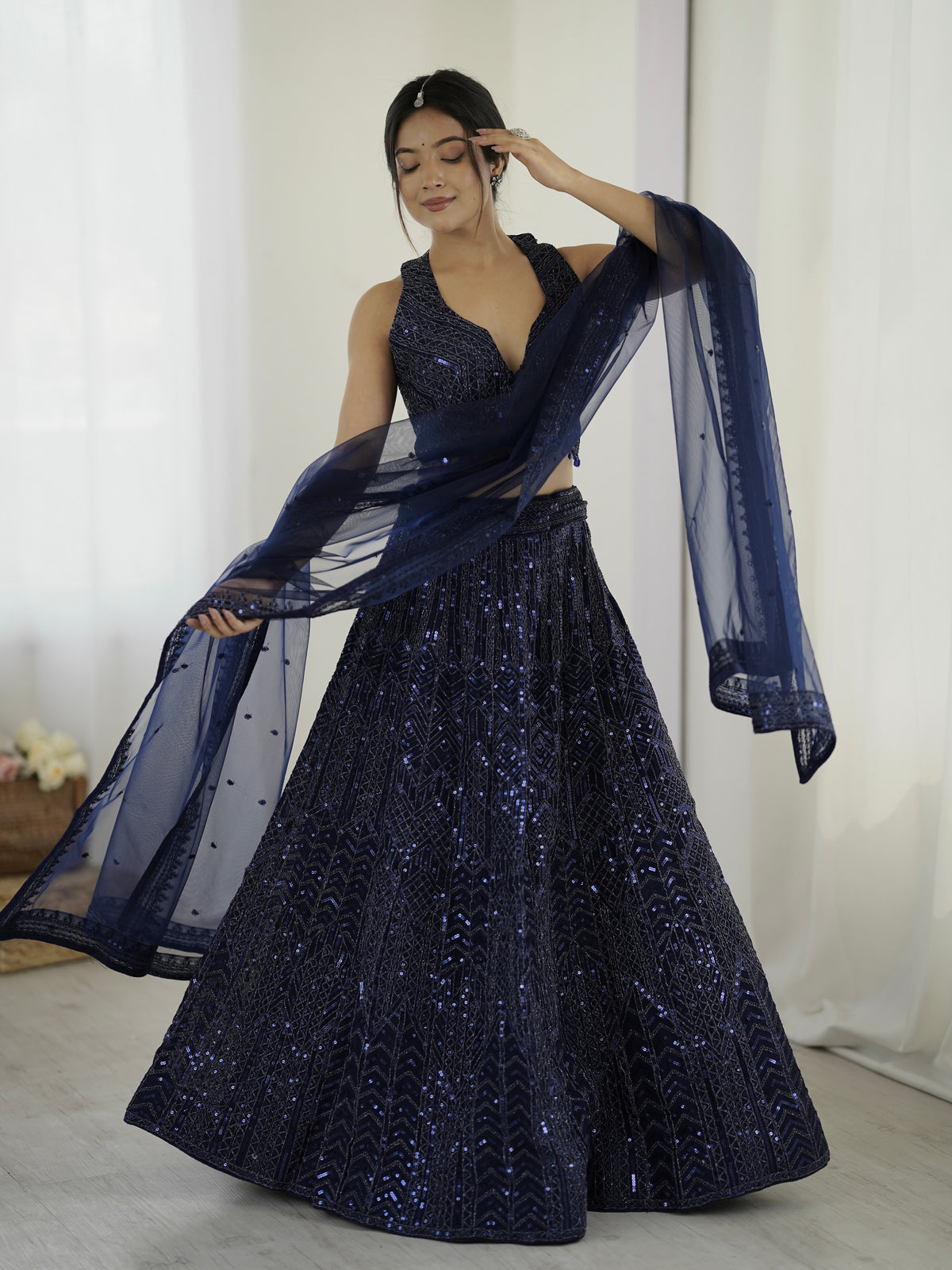 Navy Blue Sequin Lehenga Set for wedding